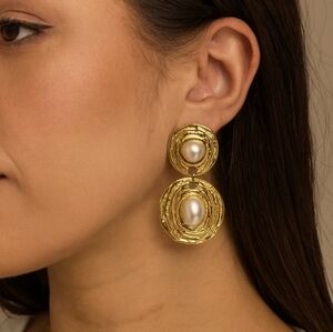 Statement Elegance Stainless Steel Gold & Pearl Drop Earrings